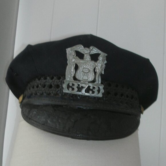 Vintage 50s 60s 8 Point Police Officer Hat Cap Wicker Band & Number Badge Shield